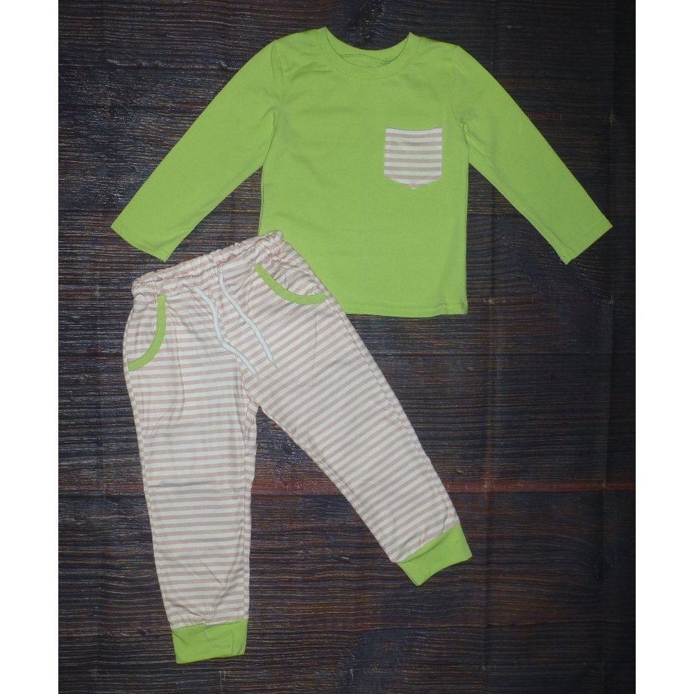 Boutique Boys Green Long Sleeve Shirt Striped Pants Outfit Set